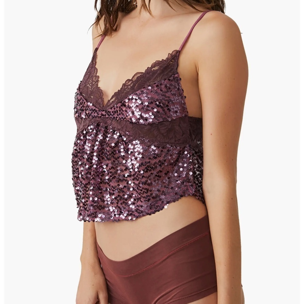 Free People Maroon Purple Burgundy Sequin Cropped Top Camisole Small NWT - Picture 6 of 9